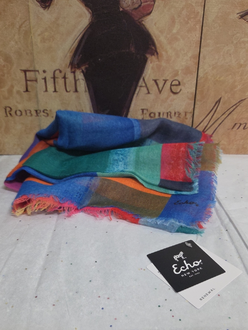 Echo Multicolor Striped Fringe Scarf - Blue, Green, Red, Orange, Teal